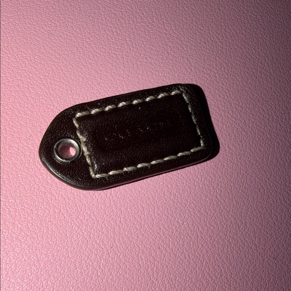 COACH mini Leather Bag Tag Keychain - Dark Brown with White Stitching